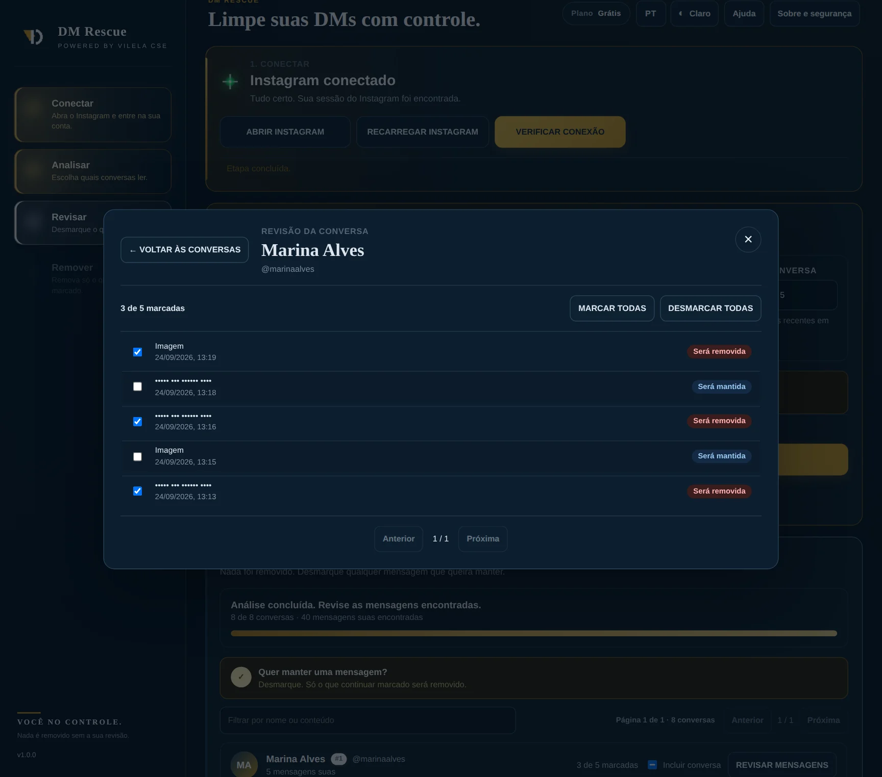Revisão detalhada de conversa no DM Rescue com conteúdo anonimizado