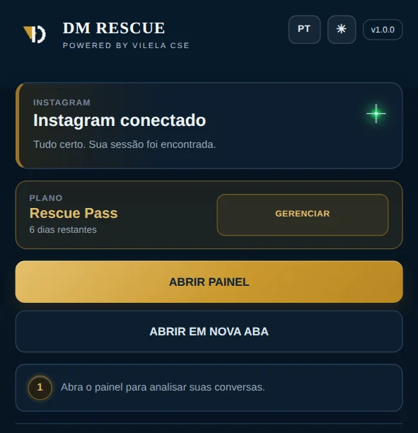 Launcher do DM Rescue conectado ao Instagram Direct