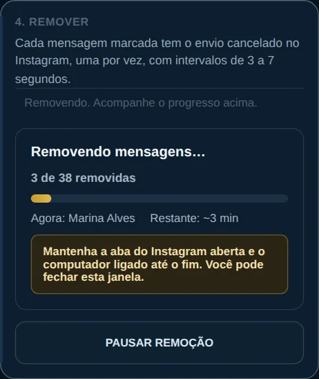 Etapa de remoção do DM Rescue com contagem de mensagens selecionadas